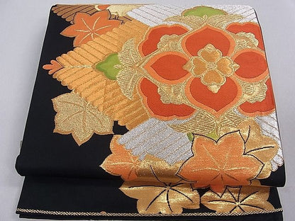平和屋着物■六通柄袋帯 松葉花文 黒地 金銀糸 逸品 du1641