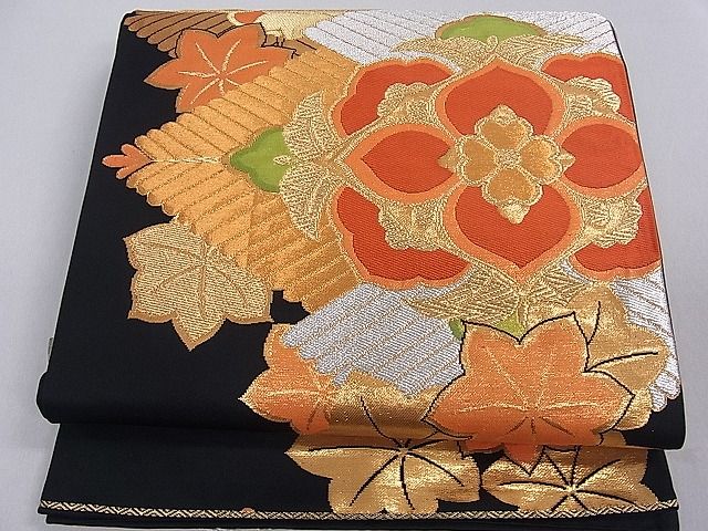 平和屋着物■六通柄袋帯 松葉花文 黒地 金銀糸 逸品 du1641
