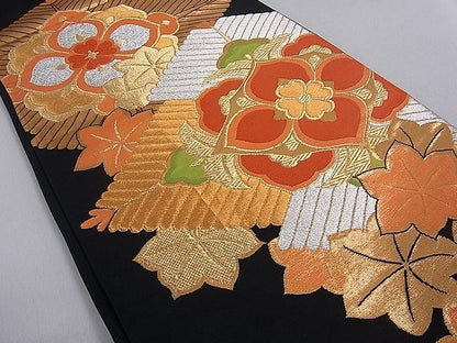 平和屋着物■六通柄袋帯 松葉花文 黒地 金銀糸 逸品 du1641