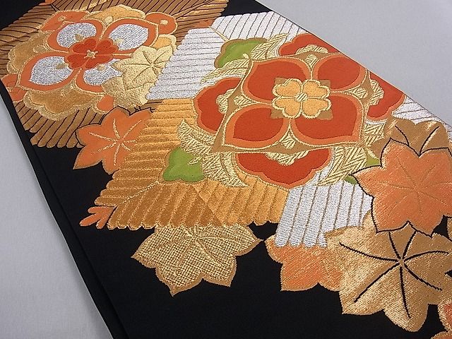 平和屋着物■六通柄袋帯 松葉花文 黒地 金銀糸 逸品 du1641