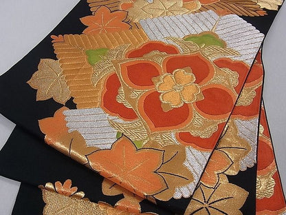 平和屋着物■六通柄袋帯 松葉花文 黒地 金銀糸 逸品 du1641