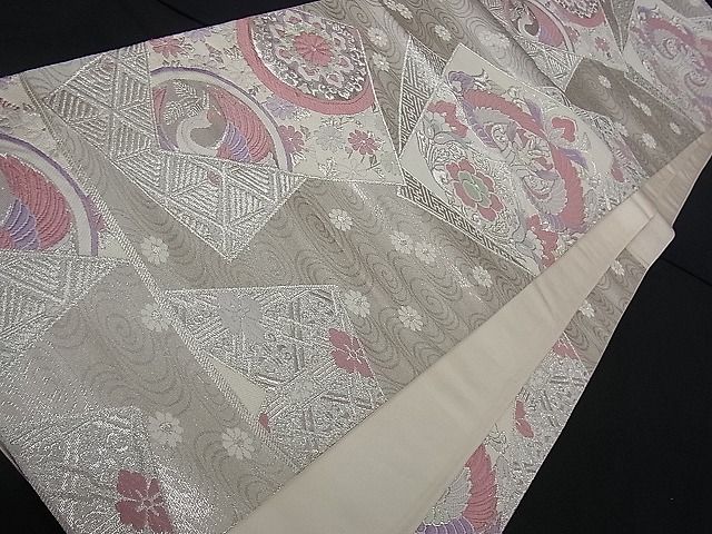 平和屋着物■六通柄袋帯 唐織 色紙重ね花鳥文 銀糸 逸品 dy5547