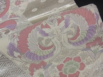 平和屋着物■六通柄袋帯 唐織 色紙重ね花鳥文 銀糸 逸品 dy5547