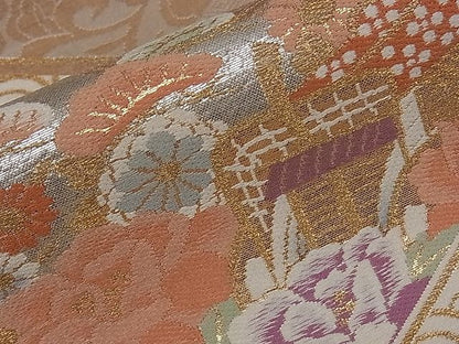 平和屋着物■六通柄袋帯　唐織　松皮菱御所車吉祥花文　プラチナ箔二重織　逸品　dy5567