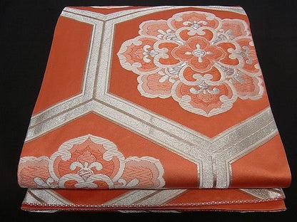 平和屋着物■六通柄袋帯 唐織 亀甲花文 銀糸 逸品 dy5612