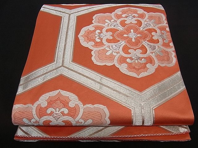 平和屋着物■六通柄袋帯 唐織 亀甲花文 銀糸 逸品 dy5612