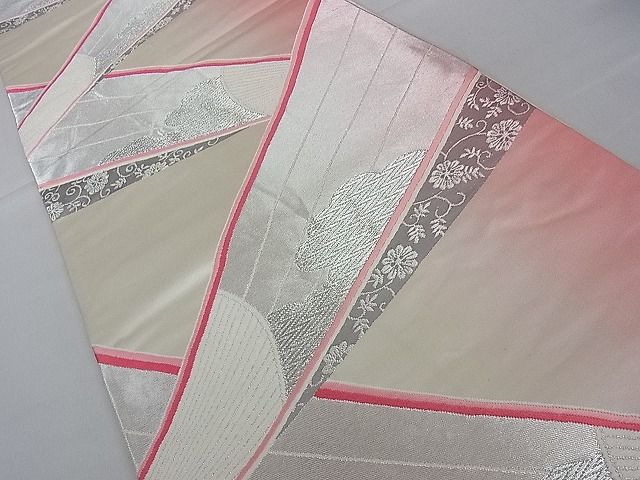 平和屋着物■六通柄袋帯 唐織 扇面草花文 銀糸 逸品 dy5895