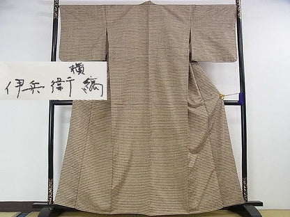期間限定セール20％off▽希少　伊兵衛織　工芸手織　単衣　横縞　たとう紙付き　逸品　DZAA0146kh4
