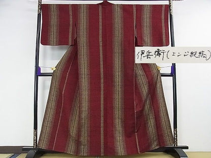 平和屋本店▽希少 伊兵衛織 工芸手織 単衣 臙脂縦縞 たとう紙付き 逸品 DZAA0147kh4