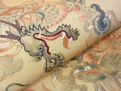 平和屋本店■極上　アンティーク　大正ロマン　丸帯　手刺繍　龍　飛雲　逸品　DZAA0432kh4 - 平和屋