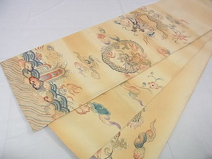 平和屋本店■極上　アンティーク　大正ロマン　丸帯　手刺繍　龍　飛雲　逸品　DZAA0432kh4 - 平和屋