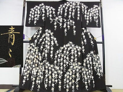 平和屋本店■極上　京友禅の第一人者　松井青々　訪問着　駒刺繍　枝垂れ花　黒地　金彩　逸品　DZAA0482kh4 - 平和屋