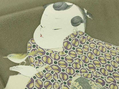 平和屋本店■極上　二代目・由水十久　本加賀友禅　訪問着　童子　梅　青白橡色地　逸品　DZAA0484kh5 - 平和屋