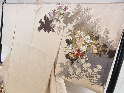 平和屋本店■極上　皇室献上作家　藤井寛　訪問着　駒刺繍　草花文　肌色地　金彩　京都きもの友禅扱い　逸品　DZAA0526kh4 - 平和屋