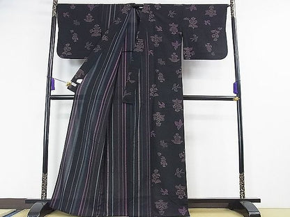 平和屋本店■極上　夏物　撫松庵　セオアルファ　訪問着　片身替わり　舞蝶花鳥文　黒地　洗える着物　DZAA0610kh5 - 平和屋
