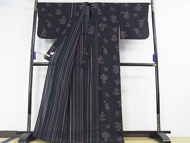 平和屋本店■極上　夏物　撫松庵　セオアルファ　訪問着　片身替わり　舞蝶花鳥文　黒地　洗える着物　DZAA0610kh5 - 平和屋