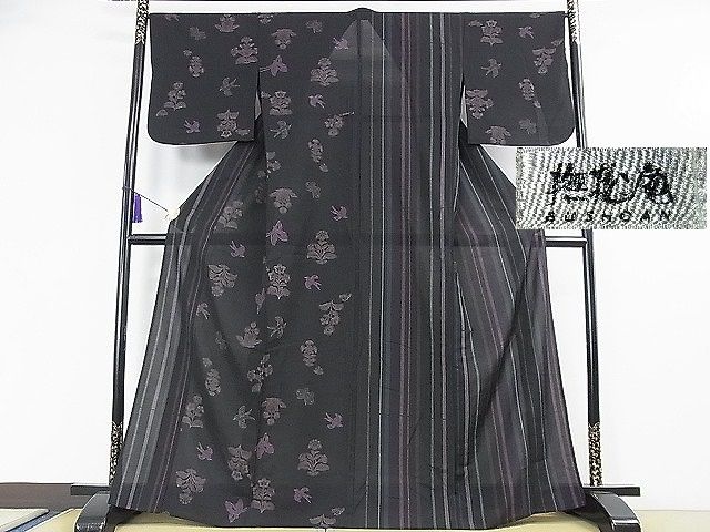 平和屋本店■極上　夏物　撫松庵　セオアルファ　訪問着　片身替わり　舞蝶花鳥文　黒地　洗える着物　DZAA0610kh5 - 平和屋