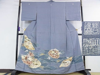 平和屋本店■極上　野口彦太郎 大彦三代目 江戸染繍友禅 色留袖　駒刺繍 薄花色地 金銀糸　銀通し地　松坂屋染織名作展　逸品　DZAA0793kh4 - 平和屋