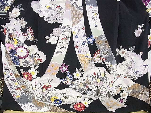 平和屋本店■極上　手ざし京紅型染・宮崎紅型　宮崎良次　振袖　鬘帯鴛鴦舞蝶文　黒地　逸品　DZAA0941kh4 - 平和屋