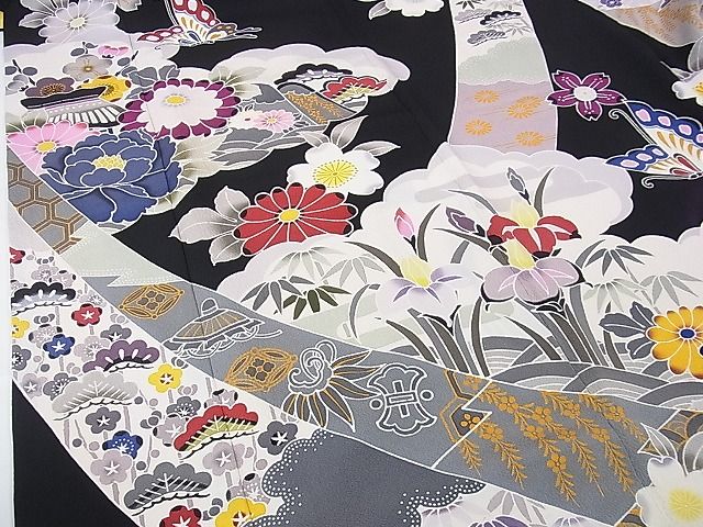 平和屋本店■極上　手ざし京紅型染・宮崎紅型　宮崎良次　振袖　鬘帯鴛鴦舞蝶文　黒地　逸品　DZAA0941kh4 - 平和屋