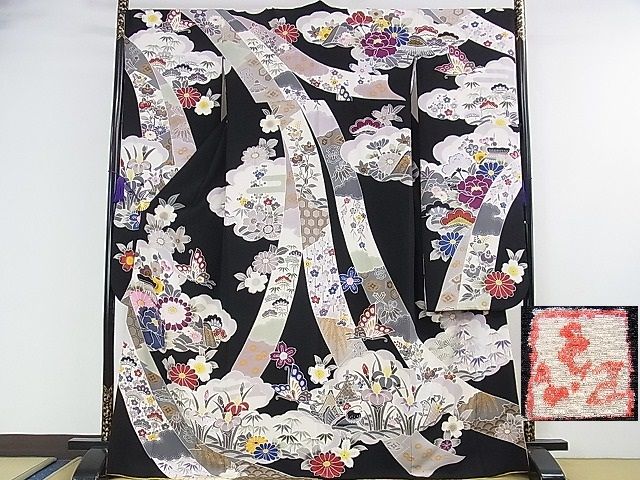 平和屋本店■極上　手ざし京紅型染・宮崎紅型　宮崎良次　振袖　鬘帯鴛鴦舞蝶文　黒地　逸品　DZAA0941kh4 - 平和屋