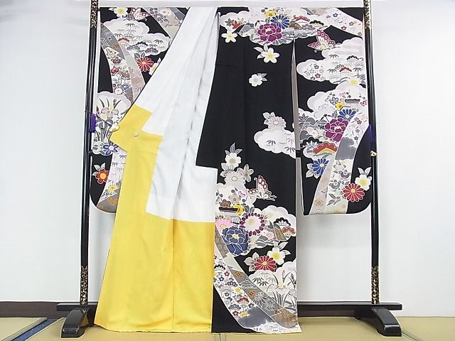 平和屋本店■極上　手ざし京紅型染・宮崎紅型　宮崎良次　振袖　鬘帯鴛鴦舞蝶文　黒地　逸品　DZAA0941kh4 - 平和屋