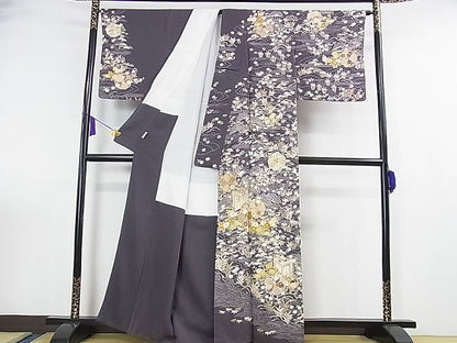 平和屋本店■極上　訪問着　駒刺繍　御所車立波花文　金彩　羊羹色地　鈴乃屋扱い　反端付き　逸品　DZAA0981kh4 - 平和屋
