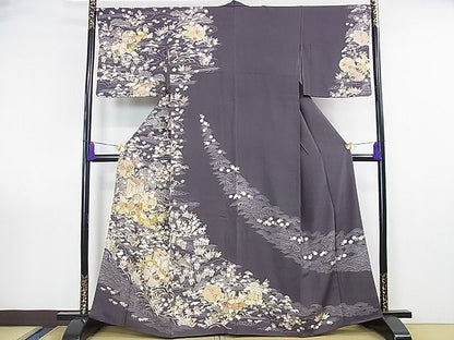平和屋本店■極上　訪問着　駒刺繍　御所車立波花文　金彩　羊羹色地　鈴乃屋扱い　反端付き　逸品　DZAA0981kh4 - 平和屋