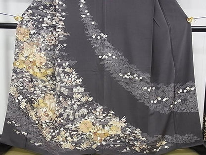 平和屋本店■極上　訪問着　駒刺繍　御所車立波花文　金彩　羊羹色地　鈴乃屋扱い　反端付き　逸品　DZAA0981kh4 - 平和屋