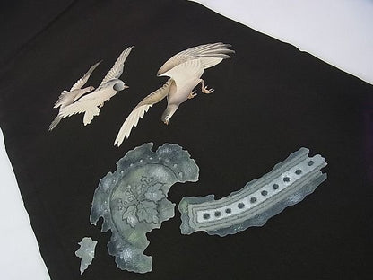 平和屋本店■希少　アンティーク　大正ロマン　両面太鼓柄袋帯　刺繍　骸骨　骨　芒　三日月　鳥　黒地　銀糸　DZAA1068kh4 - 平和屋