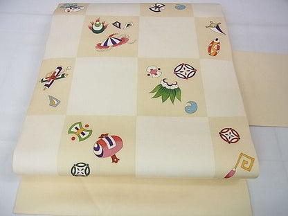 平和屋本店■極上　塩瀬　九寸名古屋帯　宝尽くし市松文様　金彩　逸品　未使用　DZAA1091kh4 - 平和屋