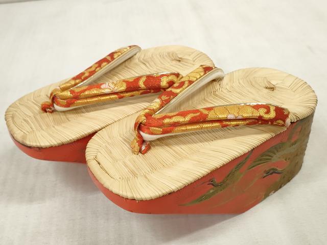 平和屋本店●和装小物 ぽっくり下駄 こっぽり・おこぼ下駄 畳表 金蒔絵 飛鶴松文 逸品 DZAA10976kh5