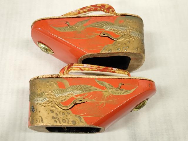 平和屋本店●和装小物 ぽっくり下駄 こっぽり・おこぼ下駄 畳表 金蒔絵 飛鶴松文 逸品 DZAA10976kh5