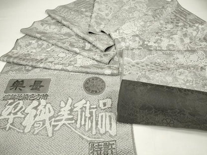 平和屋本店●極上 山岡古都・古都染人 染織美術品 薬墨染 天目織 お召 反物 着尺 草花文 逸品 未使用 DZAA11172kh5