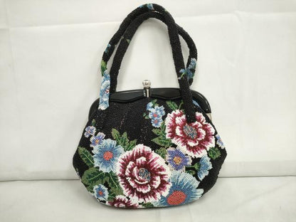 平和屋本店●和装小物　ビーズバッグ　和装バッグ　草花　がま口　持ち手付き　レトロ　逸品　DZAA11178kh5