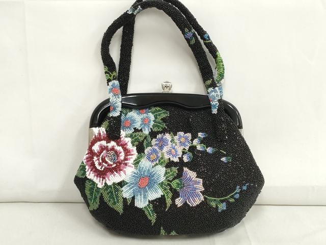 平和屋本店●和装小物　ビーズバッグ　和装バッグ　草花　がま口　持ち手付き　レトロ　逸品　DZAA11178kh5