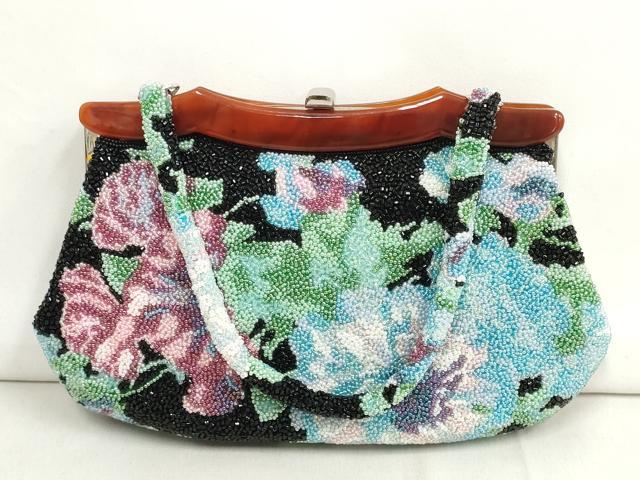 平和屋本店●和装小物　ビーズバッグ　和装バッグ　草花　がま口　持ち手付き　レトロ　逸品　DZAA11179kh5