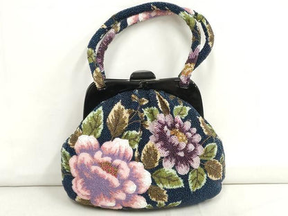 平和屋本店●和装小物　ビーズバッグ　和装バッグ　草花　がま口　持ち手付き　レトロ　逸品　DZAA11180kh5