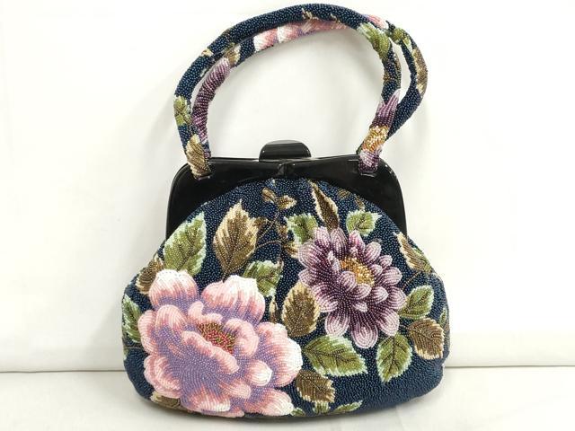 平和屋本店●和装小物　ビーズバッグ　和装バッグ　草花　がま口　持ち手付き　レトロ　逸品　DZAA11180kh5
