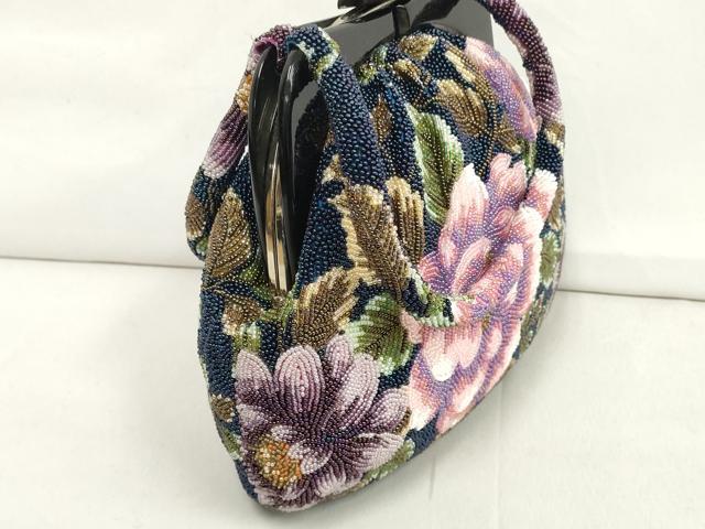 平和屋本店●和装小物　ビーズバッグ　和装バッグ　草花　がま口　持ち手付き　レトロ　逸品　DZAA11180kh5