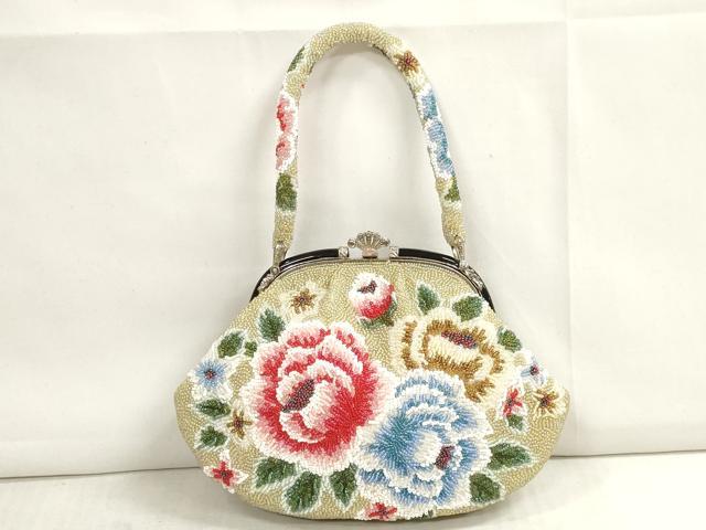 平和屋本店●和装小物　ビーズバッグ　和装バッグ　草花　がま口　持ち手付き　レトロ　逸品　DZAA11208kh5