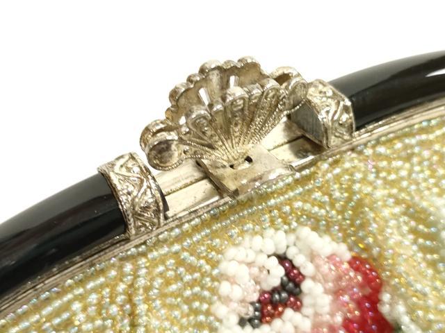 平和屋本店●和装小物　ビーズバッグ　和装バッグ　草花　がま口　持ち手付き　レトロ　逸品　DZAA11208kh5