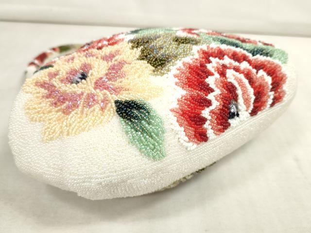 平和屋本店●和装小物　ビーズバッグ　和装バッグ　草花　がま口　持ち手付き　レトロ　逸品　DZAA11210kh5
