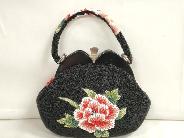 平和屋本店●和装小物　ビーズバッグ　和装バッグ　草花　がま口　持ち手付き　レトロ　逸品　DZAA11211kh5