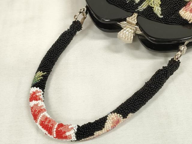 平和屋本店●和装小物　ビーズバッグ　和装バッグ　草花　がま口　持ち手付き　レトロ　逸品　DZAA11211kh5