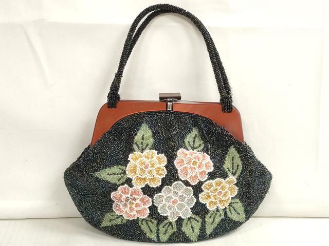 アンティーク　総ビーズバッグ　がま口　レトロ　ブラックxマルチカラー Amazon.co.jp: ビーズバッグ ビーズ 和装小物 パーティバッグ