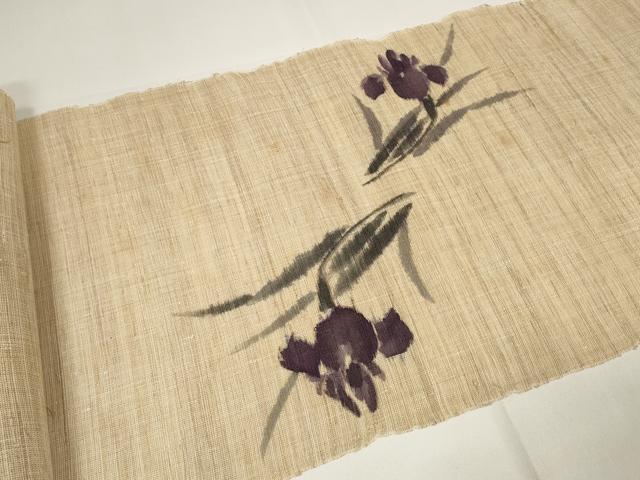 平和屋本店■極上　夏物　銀座　志ま亀　名古屋帯　帯反物　杜若　手描き　麻　逸品　未使用　DZAA11273kh5