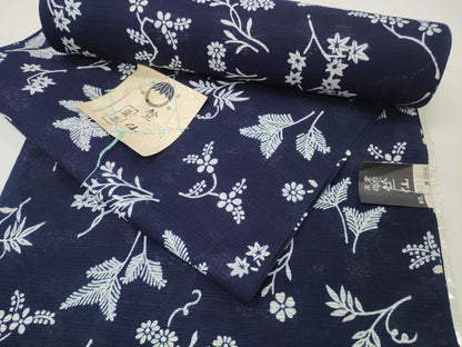 平和屋本店∴夏物 竺仙鑑製 浴衣 反物 着尺 綿絽 草花 紺地 証紙付き 綿 逸品 未使用 DZAA11286kh5