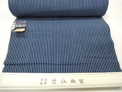 平和屋本店∴夏物 竺仙鑑製 浴衣 反物 着尺 本藍染 縞 証紙付き 綿 逸品 未使用 DZAA11300kh5