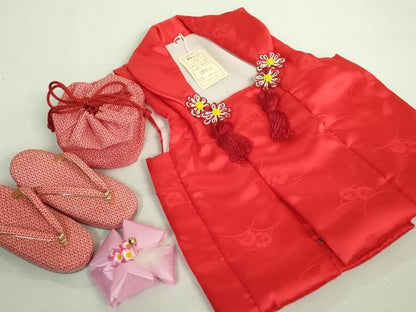 平和屋本店■極上　七五三　女の子　3歳　被布　草履　巾着　髪飾り　小物セット　茜色　箱付き　逸品　未使用　DZAA11383kh5